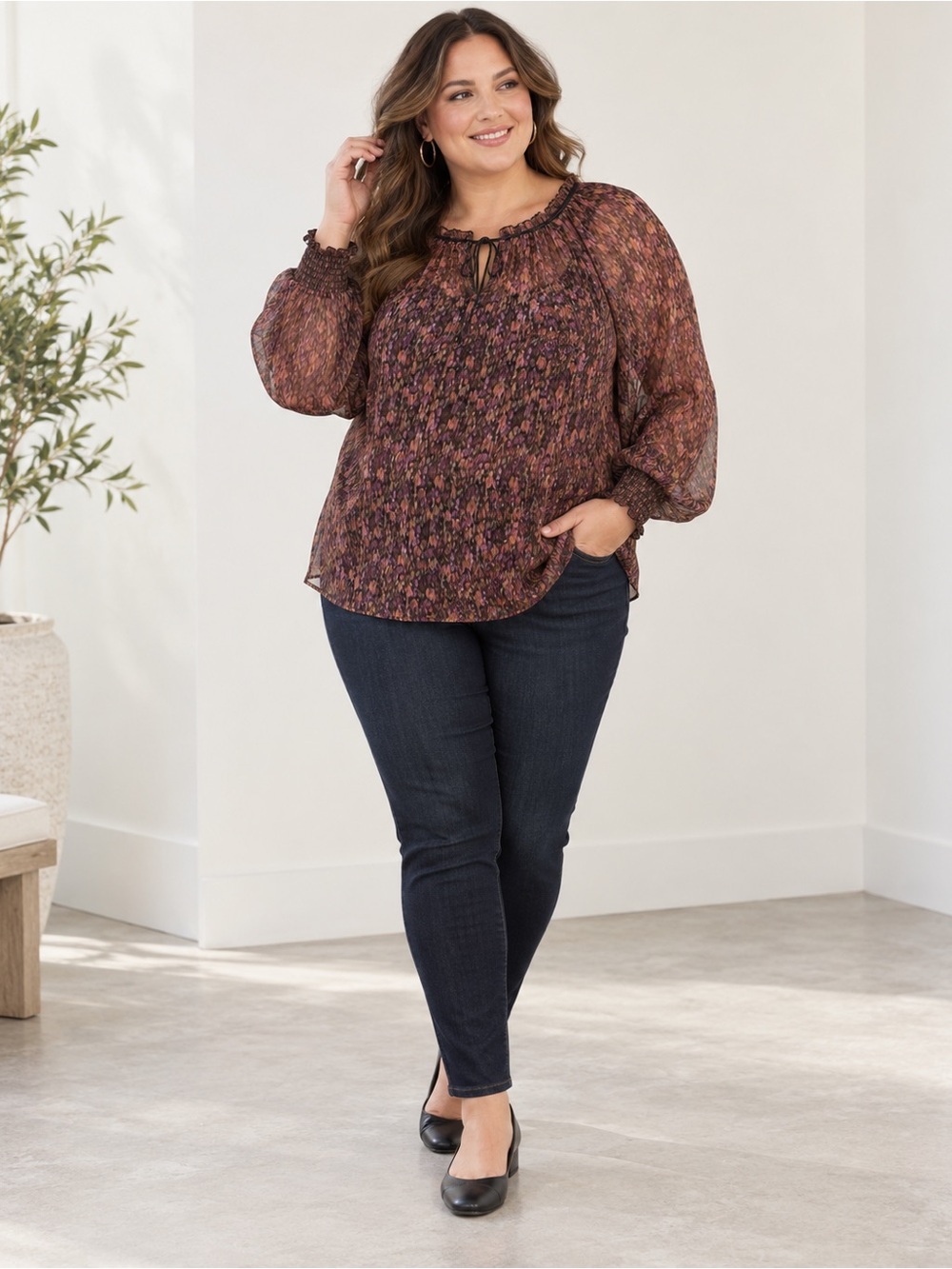 NWT Democracy Women’s Plus Sheer Gathered Long Sleeve Pheasant Top Blouse 3X